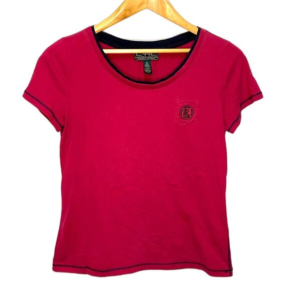 Lauren Ralph Lauren Active Magenta Pink Navy Trim Short Sleeve T-Shirt Size M - Picture 2 of 10